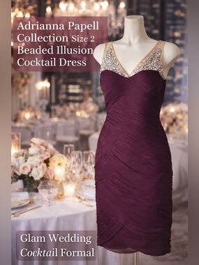 Adrianna Papell Collection Plum Beaded Illusion Cocktail Dress Size 2